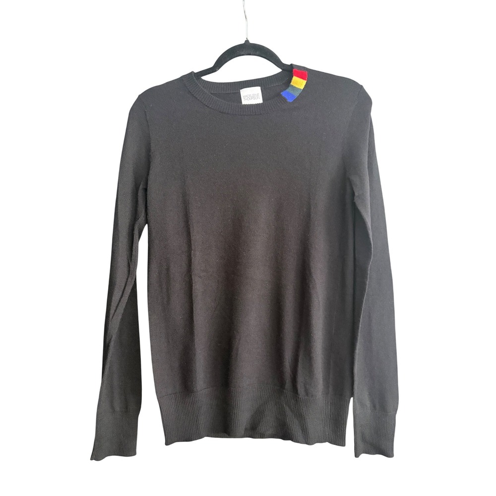 Madeleine Thompson Black Cashmere Sweater Rainbow Shoulder Detail Size M